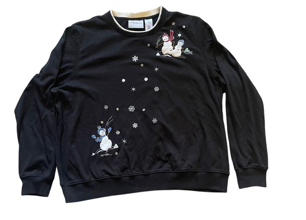 Petite Large Black Snowman Sweatshirt Sequin snowflakes Holiday Granny Novelty